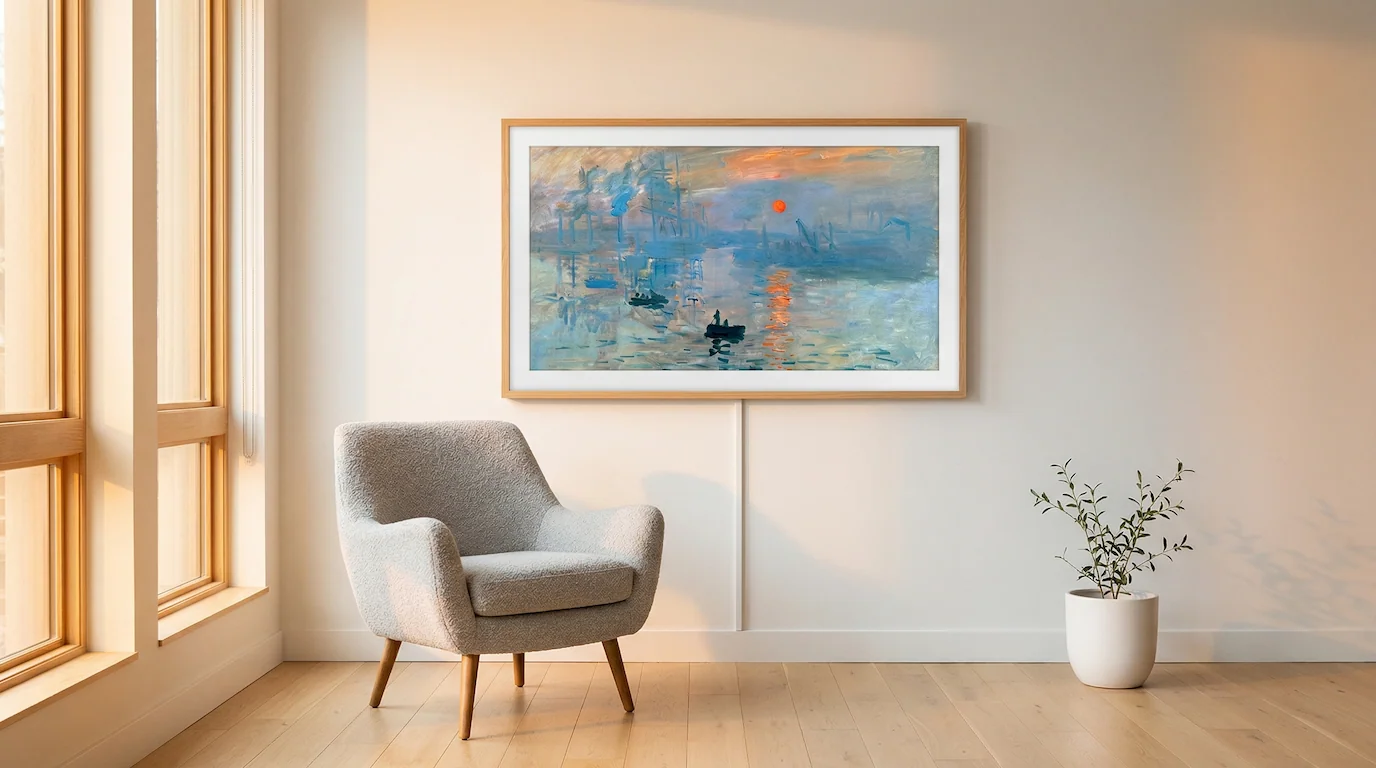 Living room with Frame TV showing art