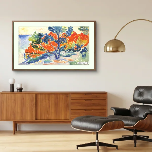 A Samsung Frame TV on the wall displaying the chosen artwork